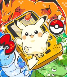  :3 :d black_eyes blastoise blue_eyes blush_stickers charizard closed_mouth commentary_request fangs game_boy game_boy_color green_eyes handheld_game_console highres no_humans open_mouth pikachu pixelated poke_ball pokemon pokemon_(creature) pokemon_focus pokemon_rgby red_eyes smile sowao. starter_pokemon_trio venusaur 