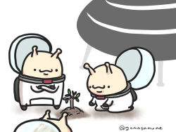  ._. 3others astronaut black_gloves closed_mouth commentary_request crossed_arms flying_saucer gloves goma_(gomasamune) helmet highres jumpsuit multiple_others original simple_background space_helmet spacecraft spacesuit tree twitter_username ufo white_background white_jumpsuit 