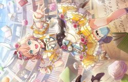  1girl :d animal_ears aqua_eyes black_corset black_shoes blue_thighhighs book bookshelf braid collared_shirt corset flower frilled_sleeves frills fushigi_to_kimi_to_library game_cg hair_flower hair_ornament highres hinoshita_kaho holding holding_quill indoors inkwell library link!_like!_love_live! looking_at_viewer love_live! low_twin_braids miniskirt non-web_source official_art open_mouth orange_hair outstretched_arm pink_flower pink_rose pinstripe_thighhighs puffy_short_sleeves puffy_sleeves quill rabbit-shaped_buttons rabbit_ears ranunculus rose self-datamine shirt shoes short_sleeves sideways single_thighhigh skirt smile sneakers solo suspender_skirt suspenders thigh-highs twin_braids two_side_up virtual_youtuber white_flower white_shirt yellow_skirt 