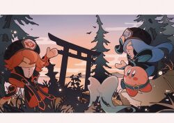  2girls :d absurdres bag black_dress black_hat blue_hair blush_stickers closed_eyes clouds commentary_request dress egasumi elfilin eyes_visible_through_hair flamberge_(kirby) francisca_(kirby) glef_life gradient_sky grass hat highres horizon kirby kirby_(series) letterboxed light_particles long_hair medium_hair multiple_girls pine_tree rayman_limbs red_hair satchel sky smile star_(symbol) tall_grass torii tree waving 