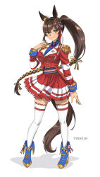  1girl ahoge animal_ears artist_name blue_boots blue_sash blue_shirt blue_wrist_cuffs boots braid braided_ponytail brown_hair brown_tail cockade commentary crown english_commentary epaulettes flower fold-over_boots frogging full_body gold_trim hair_flower hair_ornament hair_ribbon high_heel_boots high_heels highres horse_ears horse_girl horse_tail jacket kanzashi lace-trimmed_skirt lace-trimmed_thighhighs lace_trim mini_crown multicolored_hair neck_ribbon original peru pleated_skirt ponytail red_jacket red_ribbon red_skirt ribbon ribbon_braid santorin_(racehorse) sash shadow shirt simple_background skirt streaked_hair striped_clothes striped_jacket striped_skirt tail thigh-highs umamusume white_background white_hair white_jacket white_skirt white_thighhighs wrist_cuffs yellow_ribbon yinxelh zettai_ryouiki 