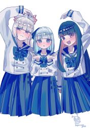  3girls alternate_costume artist_logo black_bow black_bowtie black_hair black_sailor_collar black_skirt bow bowtie commentary contemporary embarrassed fujiwara_no_mokou heart heart_hands highres houraisan_kaguya konpaku_youmu logo long_hair looking_at_viewer militantan203 multiple_girls open_mouth pleated_skirt sailor_collar school_uniform serafuku shirt simple_background skirt touhou white_background white_hair white_shirt 