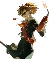  1girl :q black_skirt bow bowtie brown_hair closed_mouth collared_shirt commentary_request cropped_legs gekkoukan_high_school_uniform hair_ornament hairclip jacket long_sleeves mp3_player persona persona_3 persona_3_portable red_bow red_bowtie school_uniform shiomi_kotone shiosakana shirt simple_background skirt solo sunglasses tasuki tongue tongue_out white_background white_shirt 