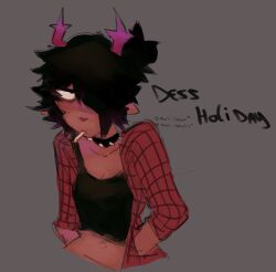  1girl 2025 2d animal_ears anthro antlers artist_name black_hair blonde_hair body_fur character_name choker cigarette crop_top december_holiday deer deer_ears deer_girl deltarune design_speculation digital_media female female_only furry furry_female grey_background hair_over_one_eye highres long_sleeves mammal mochiidraws open_clothes orange_fur reindeer reindeer_girl short_hair simple_background spiked_choker text utdr_(toby_fox) 