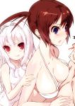  :p bikini blood blush breast_press breasts brown_hair copyright_request large_breasts long_hair monk_(syugyousou) multiple_girls nosebleed one-piece_swimsuit purple_eyes red_eyes swimsuit tongue twintails white_hair 