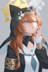  1girl absurdres animal_ear_headwear ascot black_jacket black_veil blue_archive blue_ascot blue_eyes braid cigarette commentary_request fanwu_(1218775907) flower grey_background hair_between_eyes hair_flower hair_ornament highres holding holding_cigarette jacket long_hair looking_up mari_(blue_archive) orange_hair parted_lips revision sailor_collar shirt simple_background single_braid smoking solo upper_body veil white_flower white_sailor_collar white_shirt 