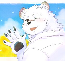  1boy bear blue_sky claws clouds cloudy_sky commentary draw_two flower furry furry_male indie_virtual_youtuber jugo_kumagai looking_at_viewer male_focus open_mouth pawpads polar_bear scar scar_on_face scar_on_nose shirt sky smile untranslatable_commentary white_fur white_shirt yellow_flower 