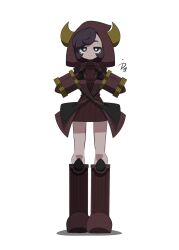  1girl black_eyes boots closed_mouth commentary courtney_(pokemon) dress fake_horns full_body gloves highres hood hood_up horned_hood horns ida_(idalol490) long_sleeves looking_at_viewer pokemon pokemon_oras purple_hair red_boots red_dress red_gloves shoes short_hair signature smile solo standing turtleneck turtleneck_dress white_background 