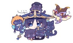  ... 1boy animalization black_hair black_hat blue_eyes blue_hat blue_jingasa blue_pupils blunt_ends boater_hat cat choppy_bangs closed_mouth commentary_request dragon durin_(genshin_impact) expressionless eyeliner feathers genshin_impact gold hat jingasa kurumi_dangoo looking_at_viewer lowres makeup male_focus mini_durin_(genshin_impact) multiple_persona notice_lines parted_bangs person_and_animalization pom_pom_(clothes) pumpkin_hat purple_cat red_eyeliner scaramouche_(cat)_(genshin_impact) scaramouche_(genshin_impact) small_dragon spoken_ellipsis string too_many too_many_cats wanderer_(genshin_impact) white_background yellow_feathers 