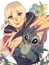  1boy \m/ absurdres black_eyes blonde_hair blue_bridal_gauntlets blue_overalls braid bridal_gauntlets commentary copyright_name crossover earrings flower green_eyes grey_shirt hair_between_eyes hair_ornament highres hood hood_down hooded_overalls jewelry jodio_joestar jojo_no_kimyou_na_bouken lilo_&amp;_stitch looking_at_viewer male_focus multicolored_hair open_mouth orange_lips overalls parted_lips sharp_teeth shirt short_hair short_sleeves side_braid simple_background single_braid single_earring siniy smile star_(symbol) star_hair_ornament stitch_(lilo_&amp;_stitch) teeth the_jojolands two-tone_hair untranslatable_commentary upper_body white_background 
