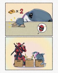  1boy box chimichanga deadpool fins fish_tail highres holding holding_money jeff_the_land_shark katana lemonade marvel marvel_rivals money on_box shark_boy shark_fin shark_tail sitting sitting_on_box speech_bubble spoken_character superhero_costume sword sword_on_back tail weapon weapon_on_back yamuoez 