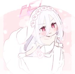  1girl 3: bare_shoulders blue_archive blush closed_mouth commentary_request cowboy_shot dot_nose double-parted_bangs dress flower_hairband gloves hair_between_eyes halo jaggy_lines kei_(blue_archive) kei_(new_body)_(blue_archive) long_hair long_hair_between_eyes looking_at_viewer pink_halo rectangular_halo red_eyes ringed_eyes solo strapless strapless_dress v-shaped_eyebrows wedding_dress white_gloves white_hair yoru_nai 