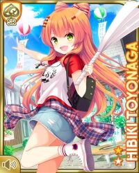  1girl :d ankle_socks backpack bag black_bag bow bow-shaped_hair card_(medium) character_name clothes_around_waist denim denim_skirt fang girlfriend_(kari) hair_bow hand_fan harisen holding holding_fan long_hair looking_at_viewer miniskirt official_art orange_hair plaid_clothes pointing qp:flapper red_shirt shirt shirt_around_waist shoes short_sleeves skirt smile sneakers socks solo standing striped_bow t-shirt thighs toyonaga_hibiki white_shoes white_socks yellow_eyes 