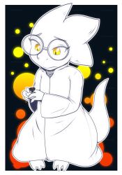  1girl 2019 2d alphys anthro artist_name barefoot black_background border buck_teeth coat commentary cyaneworks digital_media dinosaur dinosaur_girl english_commentary female female_only full_body glasses grey_sweater lab_coat lizard lizard_girl lizard_tail long_sleeves looking_down monochrome monster monster_girl reptile reptile_girl reptile_tail ring scalie simple_background solo spot_color standing sweater tail teeth undertale utdr_(toby_fox) white_border white_coat yellow_eyes 