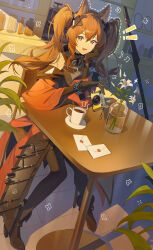  ! !! 1girl :d absurdres angelina_(arknights) animal_ear_fluff animal_ears arknights arknights:_endfield black_gloves black_thighhighs bracelet breasts brown_hair cafe camera chair coat coffee_maker commentary digital_camera dotted_line dress elbow_gloves fang flower fox_ears fox_girl full_body gilberta_(arknights) gloves grey_dress hair_between_eyes head_rest headpiece high_collar highres holding holding_camera indoors infection_monitor_(arknights) jewelry korean_commentary letter lily_(flower) long_hair long_sleeves looking_at_viewer medium_breasts off_shoulder open_clothes open_coat red_coat shelf sitting sleeveless sleeveless_dress smile solo staff table thigh-highs twintails uzu_(malese0202) vase wax_seal white_flower wooden_chair wooden_table 