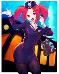  1girl absurdres arms_up bag black_bag black_hat black_jacket black_pantyhose commentary cowboy_shot duel_monster fang fangs gloves hat hat_ornament highres holding holding_microphone jacket looking_at_viewer microphone open_mouth pantyhose red_eyes red_hair short_hair short_twintails shoulder_bag skirt skull_and_crossbones skull_hat_ornament skull_print solo tour_guide_from_the_underworld truejekart twintails white_gloves yu-gi-oh! 