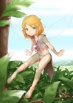  bad_id barefoot blonde_hair fairy fairy_wings green_eyes highres jewelry leaf minigirl navel original outstretched_arms pendant pointy_ears short_hair sky solo spread_arms ss39 tree wings 