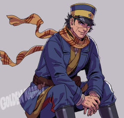  1boy belt belt_pouch black_boots black_hair blue_hat blue_jacket blue_pants boots brown_belt brown_eyes closed_mouth commentary copyright_name feet_out_of_frame floating_scarf golden_kamuy grey_background hat highres imperial_japanese_army invisible_chair jacket kepi knee_boots long_sleeves looking_at_viewer male_focus military_hat military_uniform own_hands_together pants pouch scar scar_on_cheek scar_on_face scar_on_mouth scar_on_nose scarf short_hair simple_background sitting smile solo striped_clothes striped_scarf sugimoto_saichi two-tone_headwear utility_belt very_short_hair yamashita_shun'ya yellow_hat yellow_scarf 