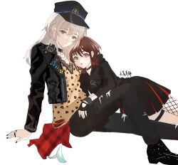  1101maryo 2girls animal_print black_choker black_gloves black_hat black_jacket black_nails black_pants black_shoes blue_eyes brown_hair choker closed_mouth commentary fingering fishnet_pantyhose fishnets girls_band_cry gloves grey_eyes grey_hair hashtag-only_commentary hat highres iseri_nina jacket jewelry kawaragi_momoka leopard_print long_hair multiple_girls multiple_rings open_mouth pants pantyhose ring shoes short_twintails simple_background single_leg_pantyhose thigh_strap torn_clothes torn_pants twintails white_background yuri 