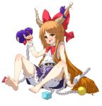  absurdres bare_shoulders barefoot belt bloomers blush bow brown_eyes brown_hair chain chains drunk feet gourd hair_bow highres horns ibuki_suika long_hair open_mouth orange_eyes orange_hair paprika_(artist) ribbon simple_background sitting solo squinting touhou uneven_eyes very_long_hair 