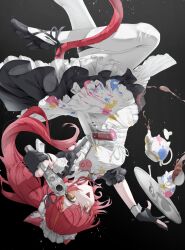  1girl absurdres aiming aiming_at_viewer animal_ears apron black_background black_shoes black_skirt breasts cat_ears cat_girl cat_tail commentary_request cup falling gun high_heels highres holding holding_gun holding_weapon long_hair looking_at_viewer maid maid_apron maid_headdress medium_breasts multicolored_hair nekota_tsuna open_mouth orange_streaks paint_splatter pantyhose red_hair red_tail shoes skirt solo streaked_hair tail tea teacup teapot tqg_07 tray upside-down virtual_youtuber vspo! weapon white_pantyhose yellow_eyes 