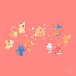  absurdres artist_name charmander chimchar closed_eyes commentary_request cyndaquil fennekin fuecoco highres kinokorin litten pokemon pokemon_(creature) pombon red_background scorbunny simple_background tepig torchic 
