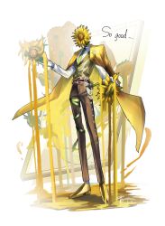  1boy absurdres belt belt_charm brown_belt brown_pants charm_(object) coat coat_on_shoulders collar_chain_(jewelry) collared_shirt dissolving dress_shoes english_text fine_art_parody flower full_body gloves green_necktie green_ribbon hand_up highres holding holding_flower hoshi_mori lapel_pin lapels leg_ribbon long_sleeves male_focus melting necktie notched_lapels object_head original paint pants parody personification picture_frame ribbon shirt shoes signature socks solo standing sunflower sunflowers_(van_gogh) thigh_ribbon vest white_background white_gloves white_shirt white_socks yellow_coat yellow_flower yellow_shoes yellow_vest 