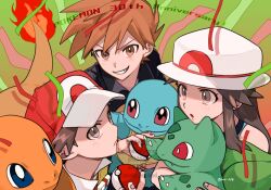  1girl 2boys anniversary black_shirt blue_oak brown_eyes brown_hair bulbasaur charmander collared_shirt commentary_request grin hand_up hat highres holding holding_poke_ball leaf_(pokemon) momotose_(hzuu_xh4) multiple_boys poke_ball poke_ball_(basic) pokemon pokemon_(creature) pokemon_day pokemon_frlg red_(pokemon) red_hat shirt short_hair sidelocks smile spiky_hair squirtle starter_pokemon_trio teeth watermark white_hat 