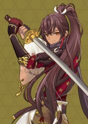  1boy armor black_scarf brown_hair commentary_request green_eyes grey_kimono hair_between_eyes hair_branch high_ponytail highres holding holding_sword holding_weapon japanese_armor japanese_clothes katana kimono long_hair looking_at_viewer male_focus nfj_la ponytail rune_factory rune_factory:_guardians_of_azuma scarf smile subaru_(rune_factory) sword weapon 