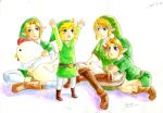  blonde_hair blue_eyes chicken earrings hat highres jewelry link multiple_persona nintendo ocarina_of_time pointy_ears smile the_legend_of_zelda toon_link traditional_media twilight_princess wind_waker 
