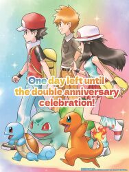  1girl 2boys baseball_cap black_hair black_shirt blue_eyes blue_jacket blue_oak blue_pants blue_shirt breasts brown_eyes brown_hair brown_pants bucket_hat bulbasaur charmander closed_mouth commentary english_commentary english_text fire flame-tipped_tail hat highres jacket leaf_(pokemon) long_hair loose_socks multiple_boys official_art open_mouth pants pokemon pokemon_(creature) pokemon_frlg pokemon_hgss pokemon_masters_ex porkpie_hat red_(pokemon) red_eyes red_hat red_skirt shirt short_hair short_sleeves skirt sleeveless sleeveless_shirt smile socks spiky_hair squirtle starter_pokemon_trio tail vs_seeker white_hat wristband yellow_bag 