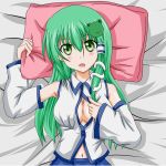  bare_shoulders blush breasts cleavage detached_sleeves frog green_eyes green_hair hair_ornament hair_tubes highres kochiya_sanae long_hair looking_at_viewer midriff navel on_back open_clothes open_mouth open_shirt pillow shirt skirt snake solo takumi_(rozen_garten) touhou 