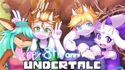  2023 2boys 2d 2girls aged_down animal_ears anniversary anthro aqua_eyes aqua_hair artist_name asgore_dreemurr barefoot blonde_hair body_fur bow brown_fur bunny_ears_prank closed_eyes commentary commission copyright_name couple cyaneworks deer deer_ears deer_girl digital_media dress droopy_ears english_commentary fangs female floppy_ears furry furry_female furry_male furry_with_furry goat goat_boy goat_ears goat_girl goat_horns green_eyes hair_bow hairband happy_anniversary hetero horns hug long_hair long_sleeves male mammal monster monster_boy monster_girl multiple_boys multiple_girls orange_hair original original_character purple_bow purple_dress purple_ribbon purple_sweater ribbon short_hair simple_background sweater toriel undertale upper_body utdr_(toby_fox) violet_eyes w white_background white_fur white_horns 
