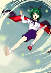  1girl antennae cape collared_shirt commentary_request fireflies full_body green_eyes green_hair highres long_sleeves medium_hair mist9801km open_mouth purple_cape purple_shorts red_cape red_shoes shirt shoes shorts socks solo touhou two-sided_cape two-sided_fabric white_shirt white_socks wriggle_nightbug 