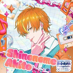  1boy :p abstract_background alternate_costume aqua_coat arched_bangs beamed_eighth_notes blonde_streaks border cassette_tape cd cd_case chain character_name choppy_bangs close-up coat collared_shirt color_contrast commentary dress_shirt earrings eighth_note electric_guitar fingernails green_eyes grid_background guitar hair_between_eyes halftone hand_on_own_chin hand_up head_down headphones hoop_earrings instrument jewelry looking_afar male_focus momoiro_oji multicolored_hair multiple_earrings musical_note necktie orange_border orange_hair orange_theme pillarboxed pink_necktie pink_theme plaid_clothes plaid_necktie profile project_sekai psychedelic saturated shinonome_akito shirt sideways_glance silver_earrings smirk sparkle sticker streaked_hair tongue tongue_out tsurime two-tone_hair upper_body v white_shirt 