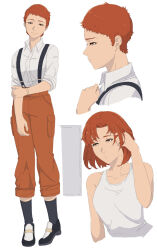  1girl black_shoes black_socks breasts closed_mouth collared_shirt commentary cropped_torso enelous eyelashes full_body gundam gundam_hathaway's_flash hand_on_own_arm highres kelia_dace multiple_views orange_eyes orange_hair orange_pants pants profile shirt shoes short_hair simple_background smile socks standing suspenders tank_top veins veiny_breasts very_short_hair white_shirt white_tank_top 