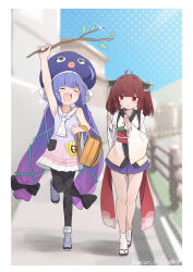  2girls :d ^_^ ahoge arm_up armpits bare_shoulders black_pantyhose black_sandals blue_hair blue_hat blue_shoes blunt_bangs blush branch brown_hair closed_eyes commentary_request day dress frilled_dress frills full_body gradient_clothes gradient_dress gradient_hair hair_intakes hair_ornament hairclip hat headgear highres holding holding_branch japanese_clothes kimono long_hair long_sleeves miniskirt multicolored_hair multiple_girls necktie obi okobo open_mouth otomachi_una outdoors pantyhose parallel_hairclips platform_sandals pleated_skirt purple_hair purple_skirt red_eyes red_sash sandals sash sechin shoes short_dress skirt sleeveless sleeveless_dress smile socks standing standing_on_one_leg tabi touhoku_kiritan twintails vocaloid voiceroid white_kimono white_necktie white_socks wide_sleeves 