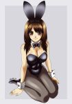  brown_eyes brown_hair bunny_ears bunnysuit kneeling long_hair miki_(akibin66) original pantyhose solo 