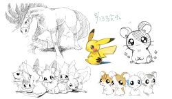  animal animal_focus blue_bow bow commentary_request dated eevee espeon evolutionary_line flareon fluffy hair_bow hamster hamtaro hamtaro_(series) highres horse jaggy_lines jolteon koushi_(hamtaro) no_humans partially_colored pikachu pokemon pokemon_(creature) ribbon_(hamtaro) simple_background sitting sketch suppainu torahamu-chan translation_request umbreon vaporeon white_background 