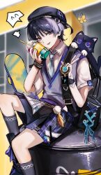  1boy :p absurdres animalization aqua_gem backpack bag beret black_bag black_hair black_hat black_shoes black_shorts blue_necktie blue_trim blunt_ends blurry blurry_background building chain collared_shirt commentary_request contemporary cup disposable_cup doorway drinking_straw drum_(container) eyelashes eyeliner feathers gem genshin_impact gold grey_socks grey_sweater_vest hands_up hat highres holding holding_cup kneehighs korean_commentary looking_at_viewer makeup male_focus necktie official_alternate_costume outdoors person_and_animalization plaid_clothes pom_pom_(clothes) purple_trim red_eyeliner scaramouche_(cat)_(genshin_impact) scaramouche_(genshin_impact) school_uniform shirt shoes short_sleeves shorts sitting socks spoken_expression sweater_vest tmzkfkdwk tongue tongue_out tsurime undershirt v-neck violet_eyes vision_(genshin_impact) w wanderer_(genshin_impact) wanderer_(mega_mgc_coffee)_(genshin_impact) white_shirt white_sleeves window wing_collar wispy_bangs wrist_cuffs wristband yellow_feathers 