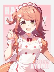  1girl ai_scream!_(love_live!) apron brown_eyes character_name commentary_request dated dress hair_bun hair_ornament hairclip happy_birthday highres light_blush love_live! love_live!_nijigasaki_high_school_idol_club maid maid_apron maid_headdress open_mouth orange_dress orange_hair pink_background ruoguiling single_hair_bun smile solo striped_clothes striped_dress uehara_ayumu vertical-striped_clothes vertical-striped_dress 