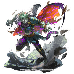  1boy animal_ears cape claws clenched_teeth commentary ephraim_(fire_emblem) ephraim_(sky_lance)_(fire_emblem) fangs fire_emblem fire_emblem:_the_sacred_stones fire_emblem_shadows full_body furry furry_male glowing glowing_eyes green_fur highres male_focus mixed-language_commentary nijihayashi official_alternate_costume official_art pelt running solo striped_fur tail teeth tiger_boy tiger_ears tiger_stripes tiger_tail torn_clothes 