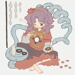  1girl absurdres bottle choko_(cup) commentary_request crossed_legs cup dress highres leaf maple_leaf medium_hair neruzou on_ground one_eye_closed pickled_ginger red_dress sake_bottle sitting snake solo squeans touhou yasaka_kanako 