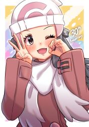  1girl ;d absurdres anniversary beanie black_hair blush coat commentary_request eyelashes finger_counting gupunetsu hair_ornament hairclip hands_up happy hat highres hikari_(pokemon) long_hair long_sleeves one_eye_closed open_mouth pokemon pokemon_dppt pokemon_platinum red_coat scarf sidelocks smile solo upper_body white_hat white_scarf 