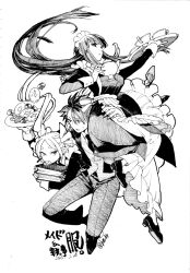  1boy 2girls apron boo_br book breasts butler carrying carrying_person carrying_under_arm cup dated doughnut dress fern_(sousou_no_frieren) food frieren greyscale highres holding holding_book holding_teapot holding_tray large_breasts long_dress maid maid_headdress monochrome mouth_hold multiple_girls necktie pointy_ears sousou_no_frieren stark_(sousou_no_frieren) suit teacup teapot translation_request tray twintails twitter_username vest waist_apron 