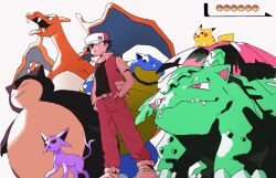  1boy black_eyes black_hair blastoise charizard closed_mouth commentary_request espeon etsuko_pkmn from_below hat highres jacket male_focus open_clothes open_jacket pants pikachu poke_ball_symbol pokemon pokemon_(creature) pokemon_gsc red_(pokemon) red_pants shirt shoes short_hair short_sleeves snorlax standing venusaur 