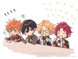 4boys :3 ? ahoge akehoshi_subaru bangs_pinned_back black_hair blonde_hair blue-framed_eyewear blue_eyes brown_jacket chibi chibi_only closed_eyes closed_mouth eating ensemble_stars! food food_in_mouth glasses hidaka_hokuto highres holding holding_food holding_pocky isara_mao jacket looking_at_another looking_at_object male_focus multiple_boys open_clothes open_jacket open_mouth orange_hair pocky pocky_in_mouth red_hair simple_background trickstar_(ensemble_stars!) upper_body white_background yuuki_makoto_(ensemble_stars!) zu_tonatuyasumi 