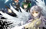  bad_id blazer blue_hair green_hair gun hand_sonic kusunokiokonogi long_hair naoi_ayato otonashi_(angel_beats!) school_uniform short_hair silver_hair tachibana_kanade tachibana_kanade weapon wings yellow_eyes 