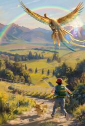  1boy absurdres alternate_color anniversary ash_ketchum backpack bag black_hair black_shoes blue_flower bush commentary_request fence field flower grass green_bag hat highres ho-oh jacket male_focus mountainous_horizon outdoors pants pikachu pokemon pokemon_(anime) pokemon_(classic_anime) pokemon_(creature) pokemon_day rainbow red_hat rick_parsa running shiny_pokemon shoes short_hair short_sleeves signature sky standing tree 