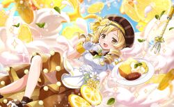  1girl ankle_bow apron artist_request ascot beret blonde_hair blue_background bow brooch brown_ascot brown_bow brown_hat brown_shoes brown_skirt buttons cake cake_slice crossed_legs dot_nose drill_hair finger_to_cheek flower flower_brooch flower_button food food-themed_clothes food-themed_hair_ornament foot_out_of_frame frilled_sleeves frills fruit game_cg gem gloves green_ascot hair_bow hair_flower hair_ornament hair_over_shoulder happy hat hat_flower highres holding holding_plate icing jewelry lace-trimmed_headwear lace-trimmed_wrist_cuffs lace_trim lemon lemon_hair_ornament lemon_slice light_blush light_particles long_hair mahou_shoujo_madoka_magica mahou_shoujo_madoka_magica_(anime) mahou_shoujo_madoka_magica_magia_exedra medium_skirt official_alternate_costume official_art open_mouth orange_gem outline plaid_clothes plate pleated_skirt puffy_short_sleeves puffy_sleeves shirt shoes short_sleeves skirt smile socks solo sparkle striped_clothes striped_headwear tareme third-party_source tomoe_mami tomoe_mami_(panna_vorticosa) twin_drills two-tone_ascot vertical-striped_clothes vertical-striped_headwear waist_apron waist_bow whip white_apron white_bow white_flower white_gloves white_outline white_shirt white_socks wrist_cuffs yellow_bow yellow_eyes yellow_wrist_cuffs 